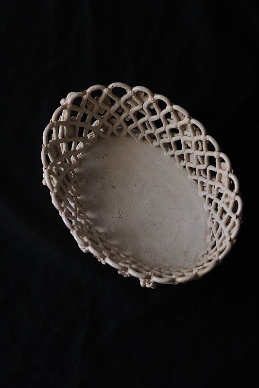 陶器の葡萄籠ジャルディニエ-antique pottery oval basket
