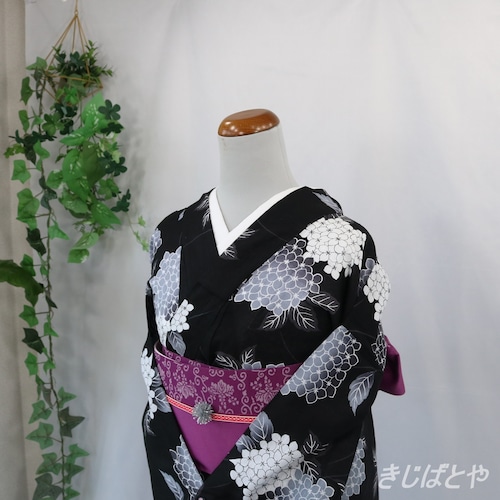 【I様ご予約品】綿麻浴衣　黒地に紫陽花と半幅帯のセット
