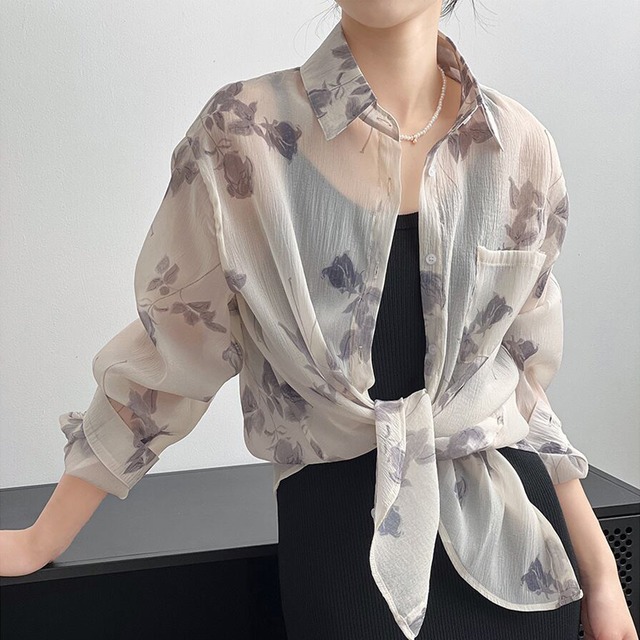 トップス 薄いシャツ プリント 花模様 日差し防止 薄手 長袖 M L