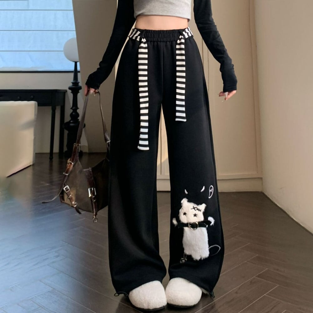 【送料無料】 ワイドパンツ 猫柄 スウェット レディース 春夏秋 韓国 ダンス衣装 スポーツ 大人 カジュアル かわいい ストリート ハイウエスト リラックス アメカジ ゆったり おしゃれ 大人可愛い 大人女子