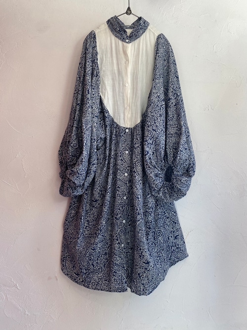 principe long blouse/french linen paisley print/clo.blue×white