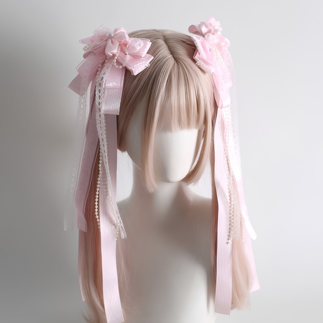 桜雨に結ぶ杏花の夢 淡桃リボンツインテールヘアアクセサリー