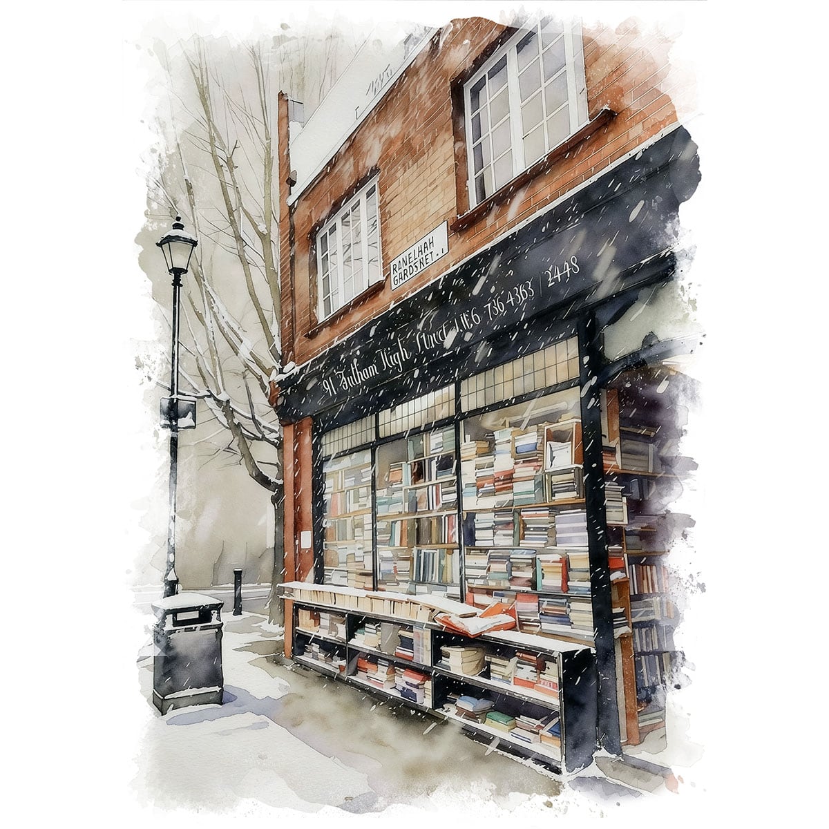 絵画 風景画(街並み) 冬 雪のイギリス ロンドンの書店 インテリア