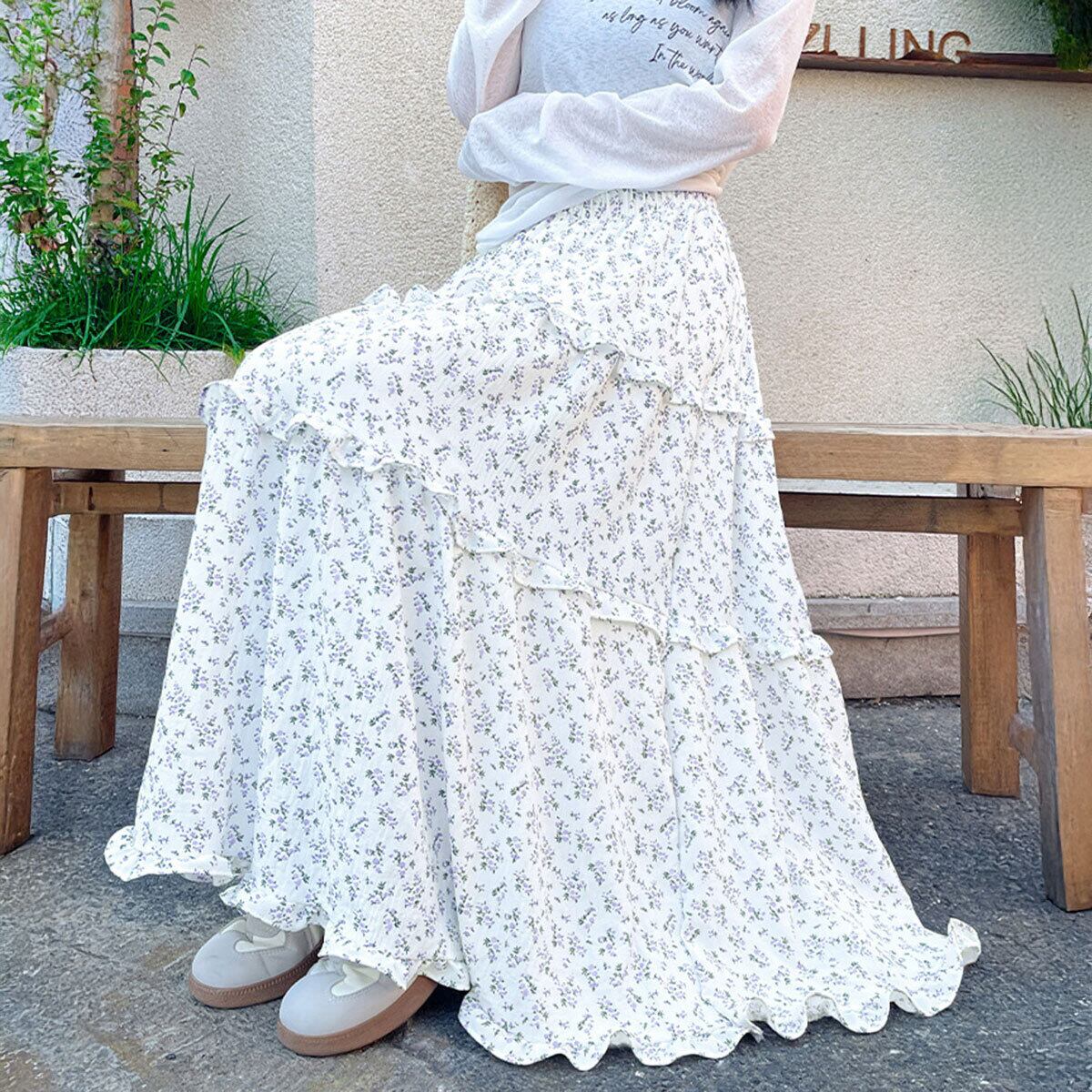 ロングスカート ティアード レディース おしゃれ 春夏 韓国 小花柄 ティアードスカート 大人 きれいめ かわいい フェミニン ゆったり 体型カバー フリルティアード ハイウエスト Aライン 大人可愛い 大人女子