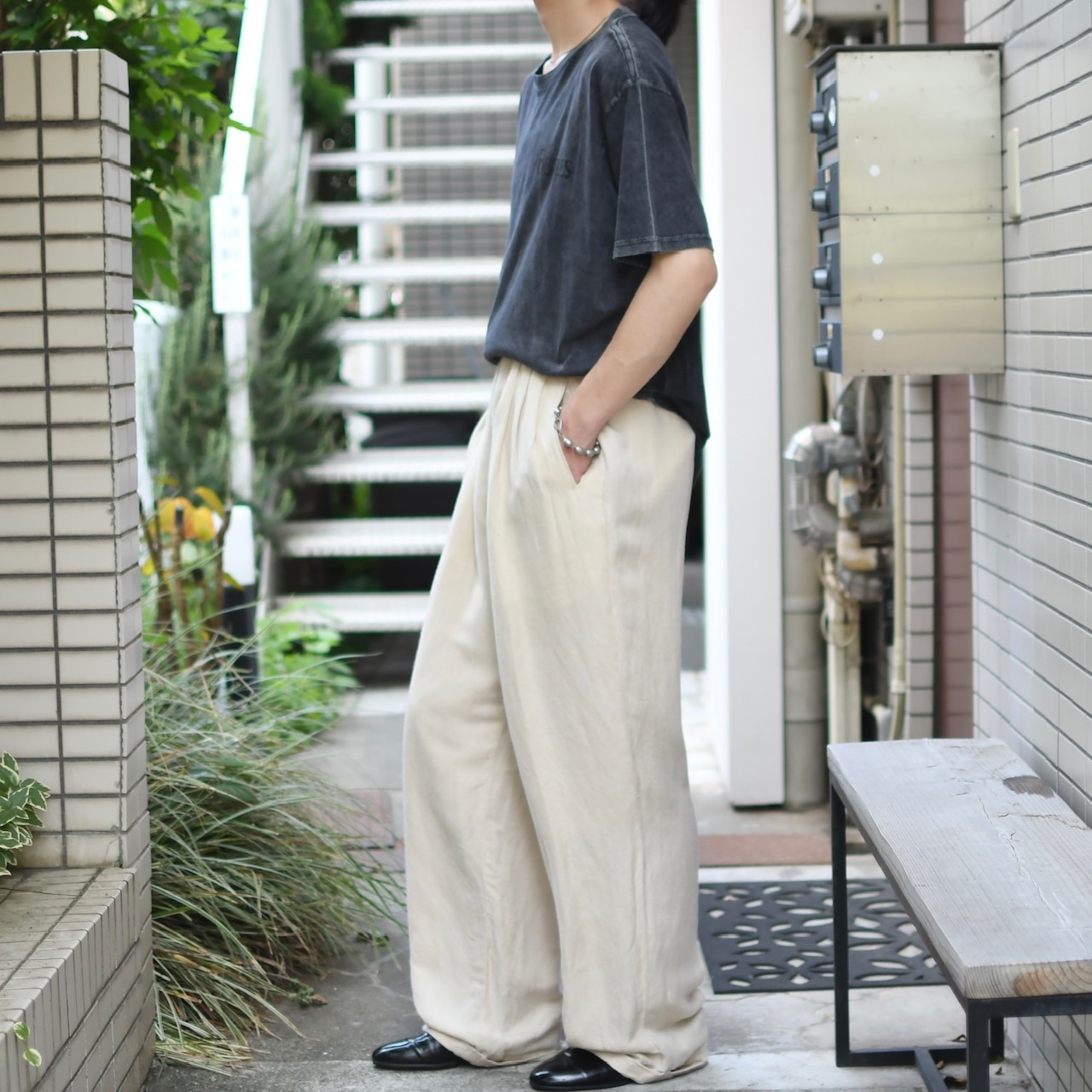 LOUIS RAPHAEL rayon linen 3tuck wide slacks