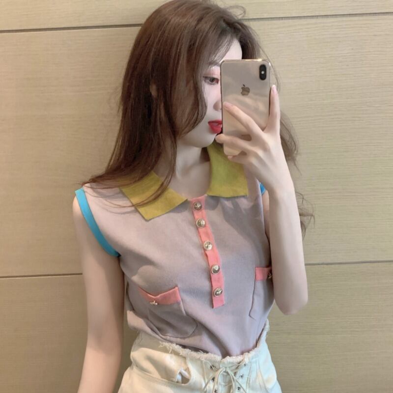 サマースタイルプルオーバー スリムカラー薄手ニットトップス レディース 夏物 シルク ハンチェンe85957389583