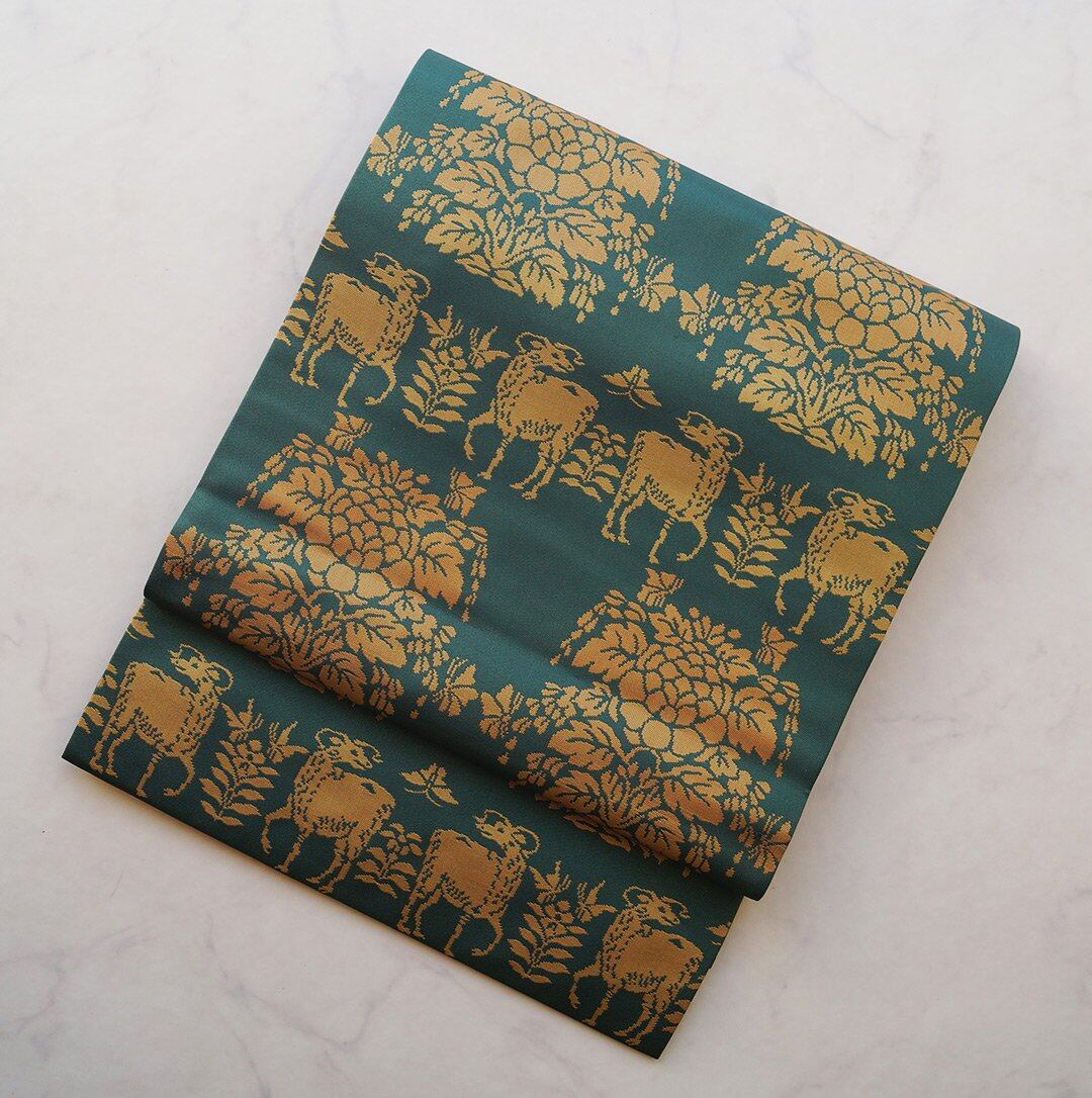 【なごや帯】虫襖色 鹿と植物文 開きなごや帯