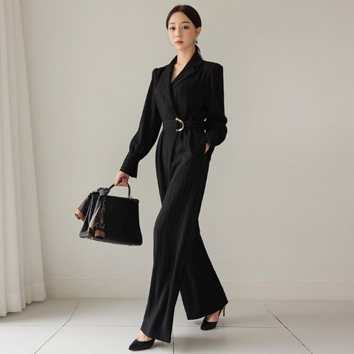 ジャンプスーツ レディース パンツドレス オールインワン ワイドパンツ ストライプ ハイウエスト ウエストベルト きれいめ エレガント フォーマル お呼ばれ パーティー オフィス 袖ボタン ブラック