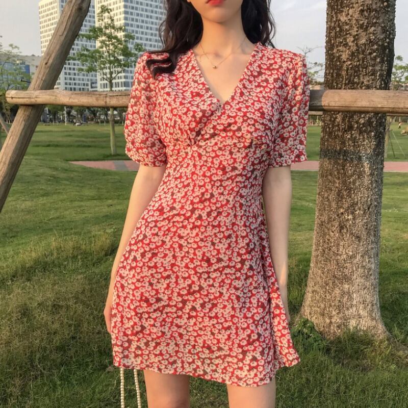 Vネックフローラルスカートレディース2020夏新作ウエストスリミングベルフラワースカートウエスタンスタイル半袖ワンピース 1号婦人40282656990
