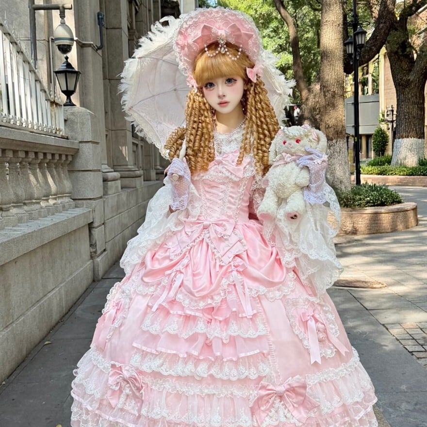 甘ロリ｜バックリボン付き姫系ロングジャンパースカート（ピンク