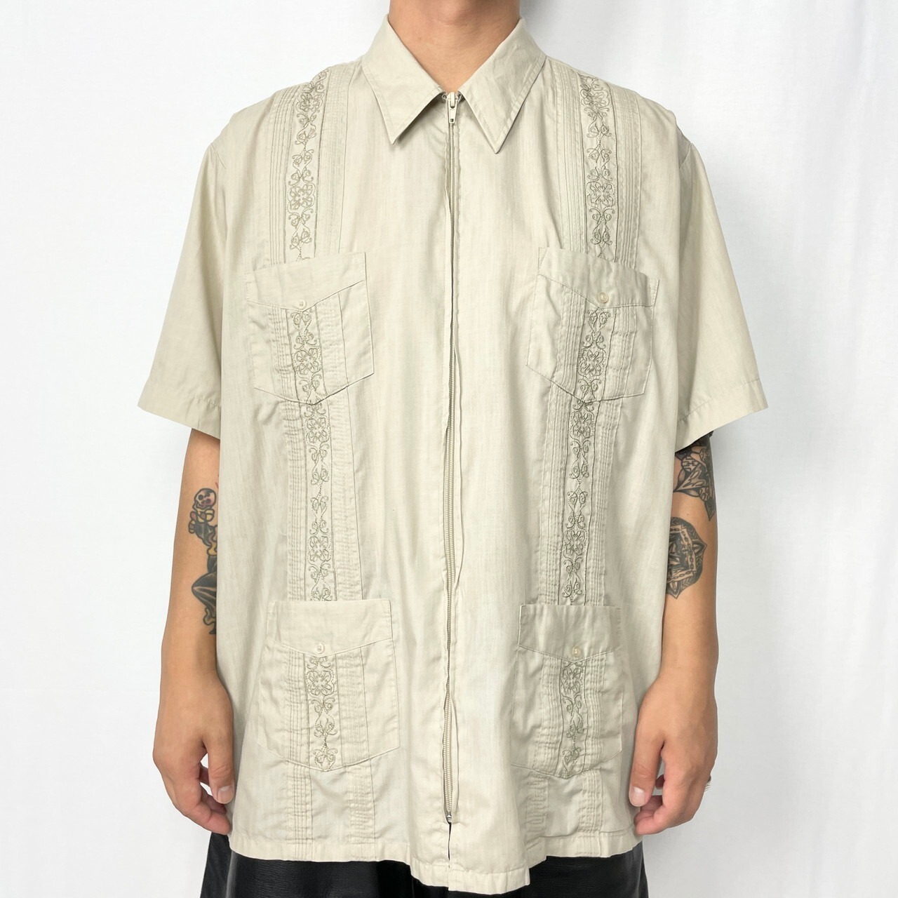 80年代〜90年代 GUAYABERA 半袖 刺繍 ジップアップ キューバシャツ 