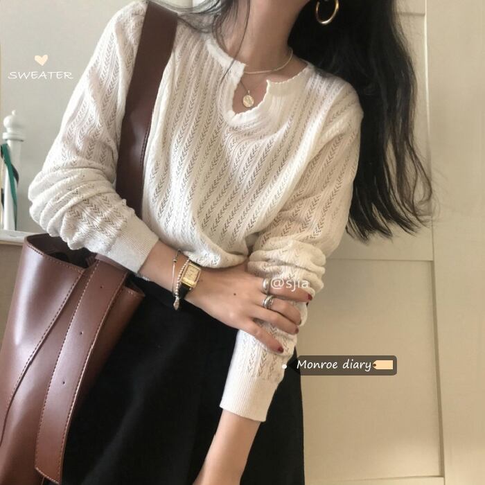 Vネック薄手ニットセーター スプリングショートトップス ロング 春物 モンロー13201921940