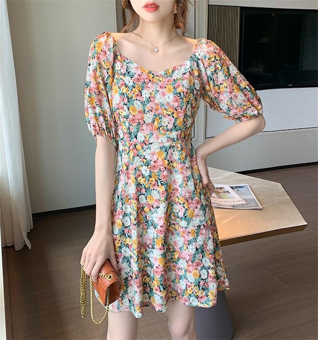 【夏季節にピッタリ!】新作 花柄 シフォン ワンピース 怠惰な風 春 夏 ギャザリング sweet系
