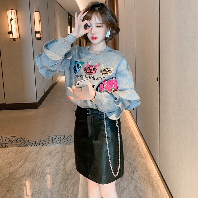 プリントラウンドネックセーター オータム 秋物 Oネック ステッチ MIUCO3015736831