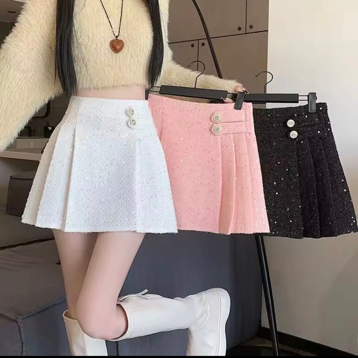 ツイードスパンコールプリーツミニスカート