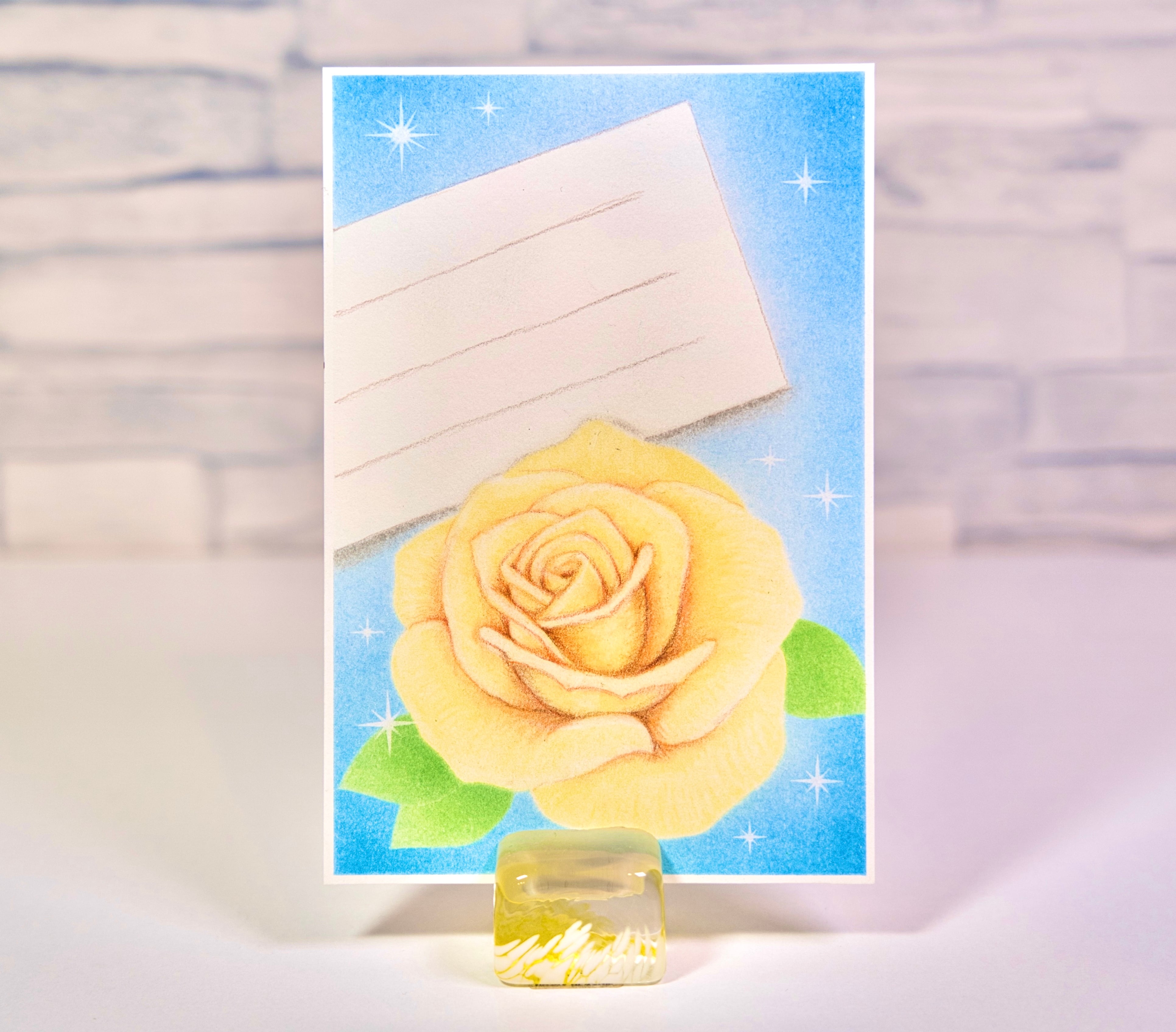 原画・額有】パステルアート 題名『黄色い薔薇とメッセージ