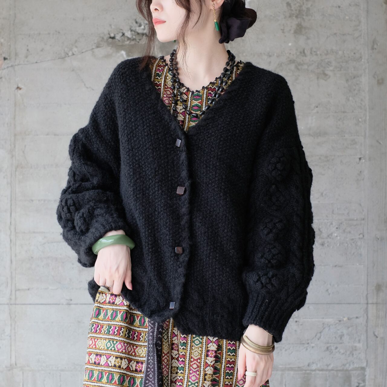 【予約販売】2025年復刻再販!あったかウール♡手編みモヘアニットカーディガン(22w-12)ブラック