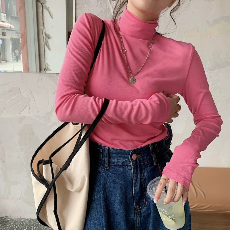 ピンクのタートルネックスリムフィットボトリングシャツレディース2021