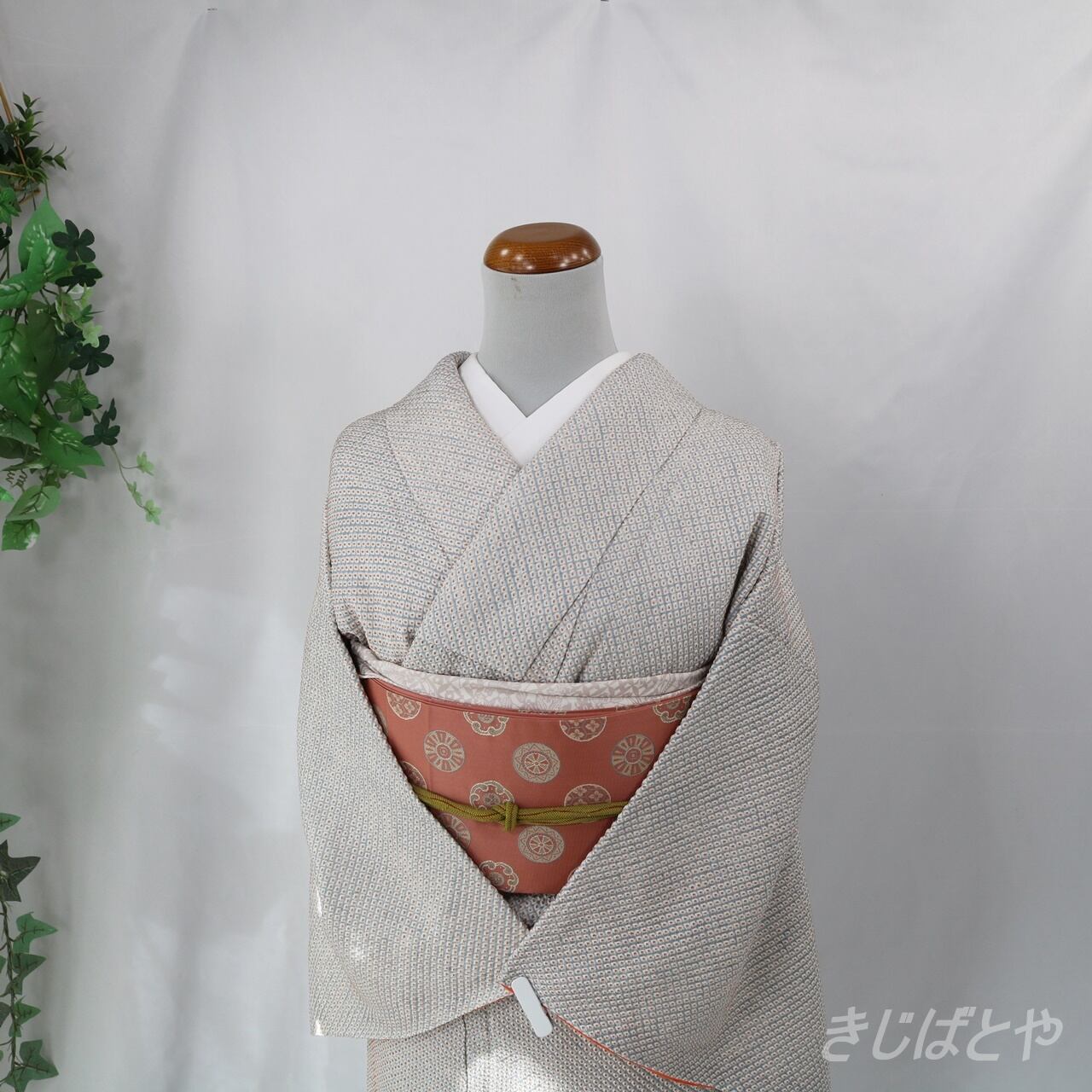 小紋 総絞り 鹿の子 斜め縞 グレー 着物 091w 香ばしい d