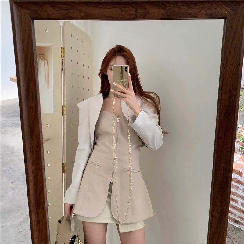 スリーピース秋のファッションスーツ女性2020ニューストリートフライドショートショートスーツチューブトップショートスカートバッグヒップレザースカート ドラファッションホール2498510055