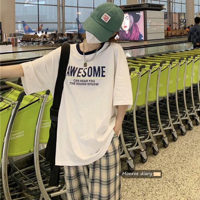 ホワイトプリントTシャツ ルーズサマートップス コットン 夏物 モンロー41305417853