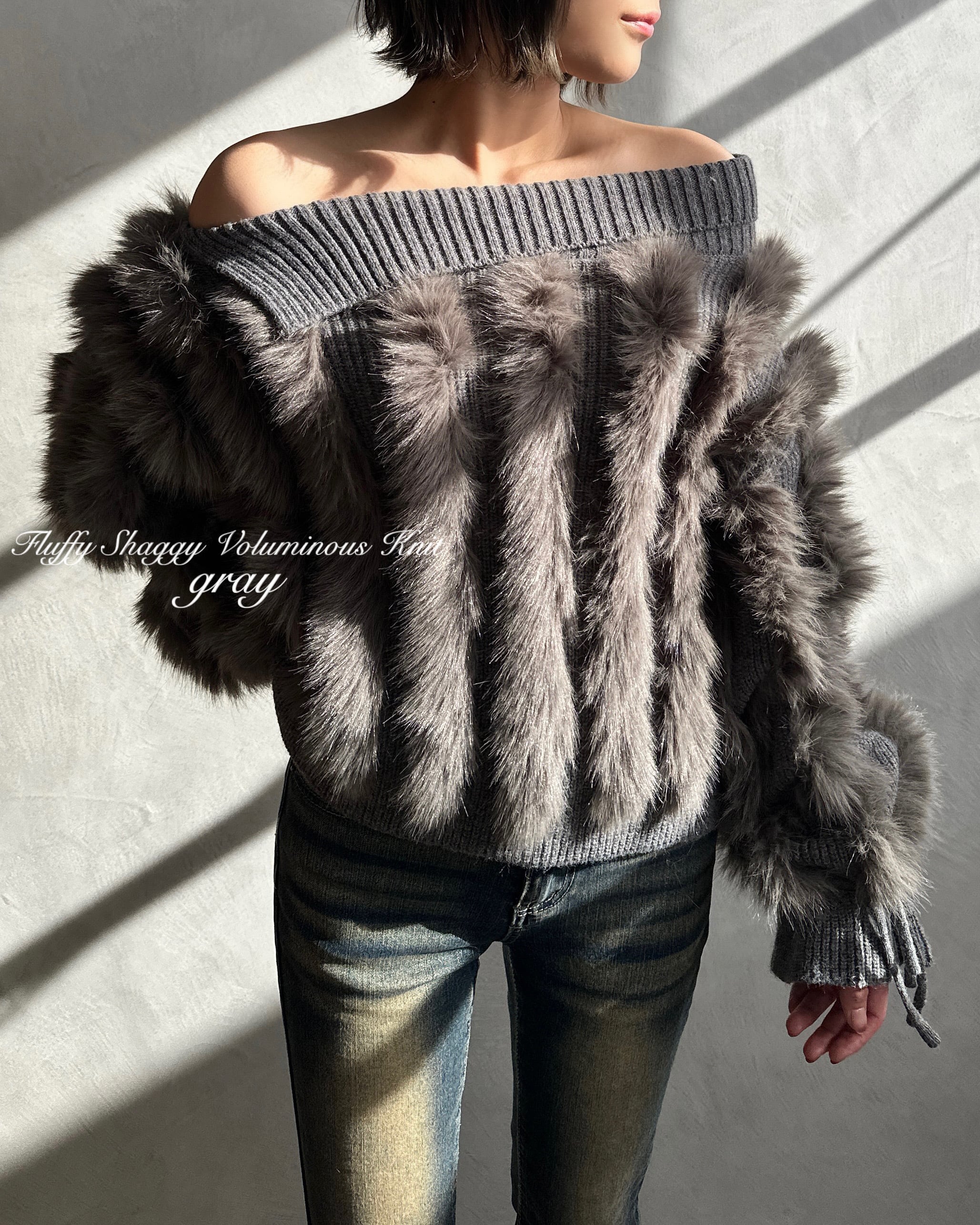 NEW】Fluffy Shaggy Voluminous Knit グレー | GIENGE［ジーアング］