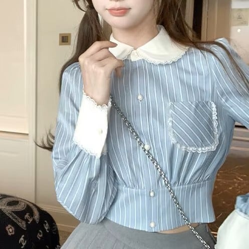 ストライプクロップドフリルシャツ