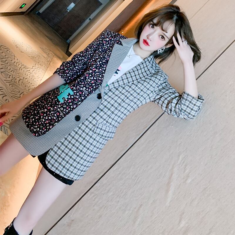 スタンダード格子柄フローラルカラージャケット スプリング レトロ 春物 花柄 ステッチ MIUCO58023493035