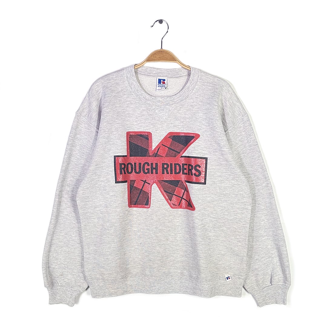 90s ラッセル USA製 ヴィンテージ スウェット 前V ROUGH RIDERS グレー RUSSELL サイズL 古着 CF0992
