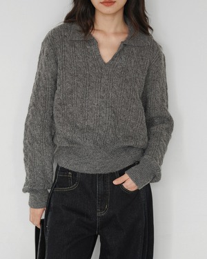 Cable knit henry neck long sleeve pullover knit　TH3091