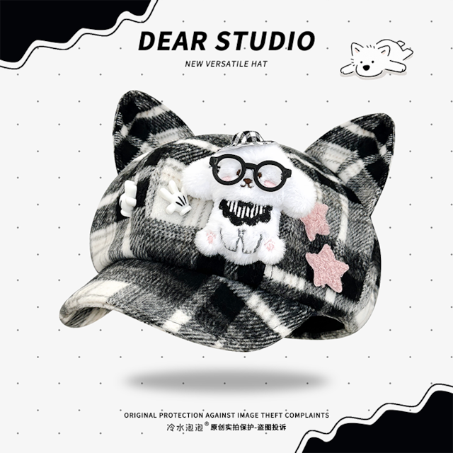 【Dear studioシリーズ】★帽子★ 2color ハット ぼうし ユニセックス チェック柄 黒 赤 羊 可愛い
