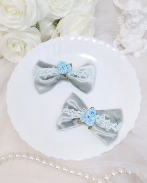 手染めレースリボンバレッタ(小)【サックス】