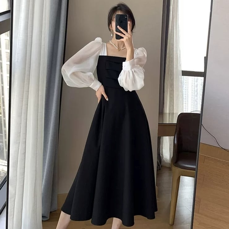 上品 ワンピース ドレス 異素材 コンビ バイカラー きれいめ 透け感 ♪(M9601)γα