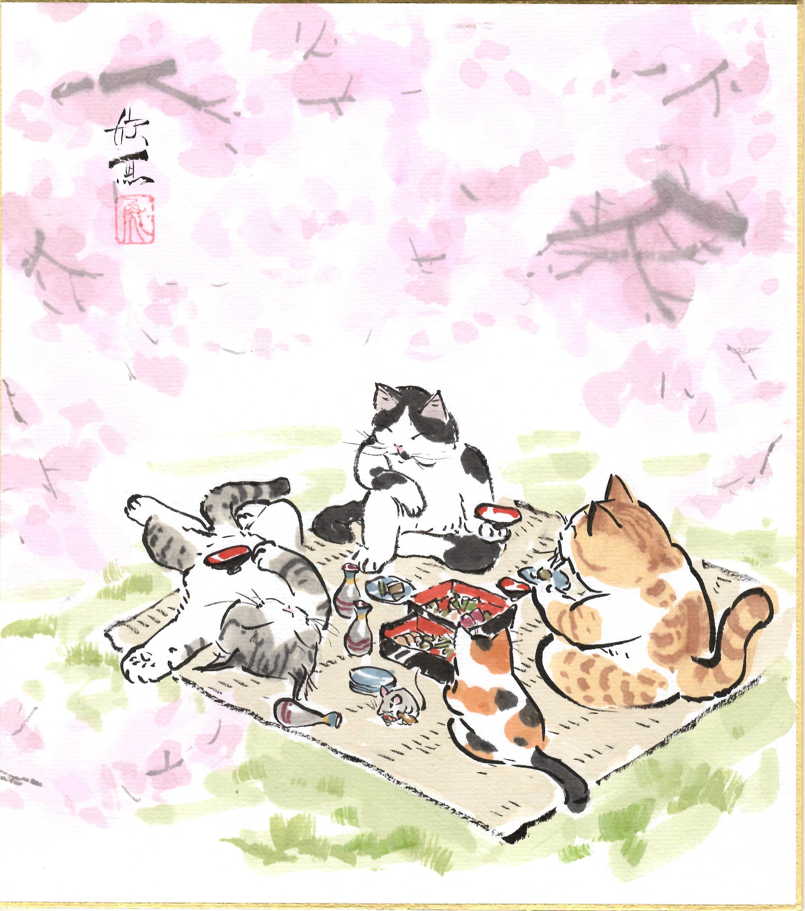 西村欣魚「猫のお花見B」色紙絵 | 吉村唐木店 WEBSHOP