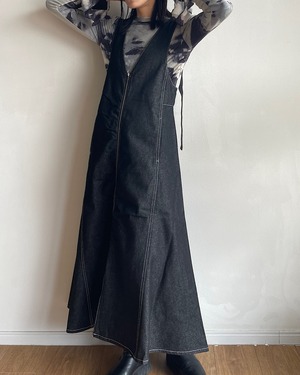 rigid denim A-line front zip jean skirt