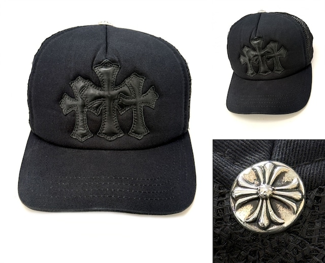 CHROME HEARTS クロムハーツ CH セメタリー クロス トラッカー キャップ 現行 レザー CHクロス ブラック 帽子 黒