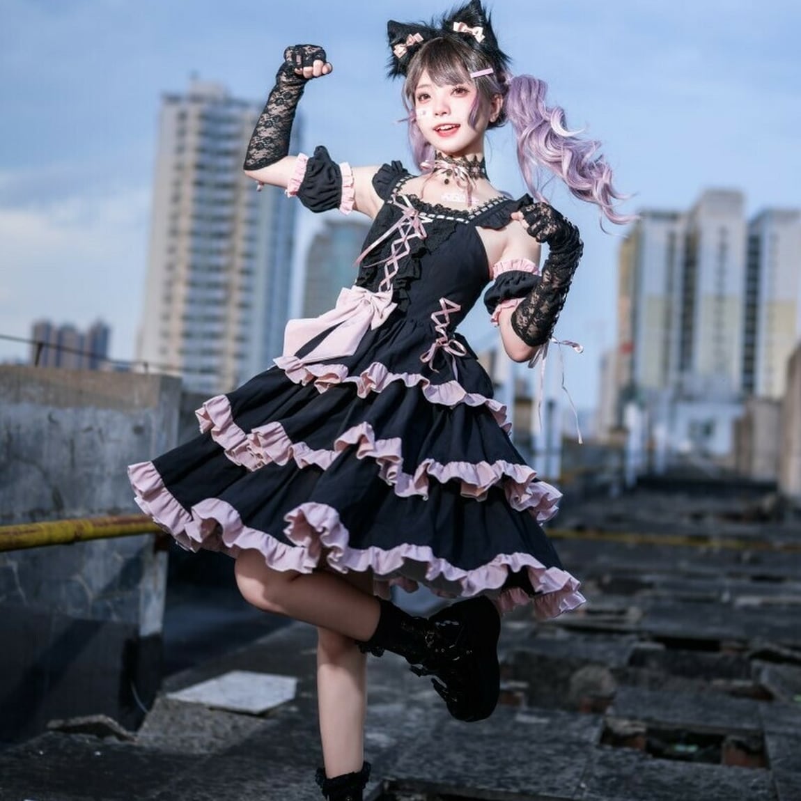 地雷ドレス　黒ピンク　アイドル衣装