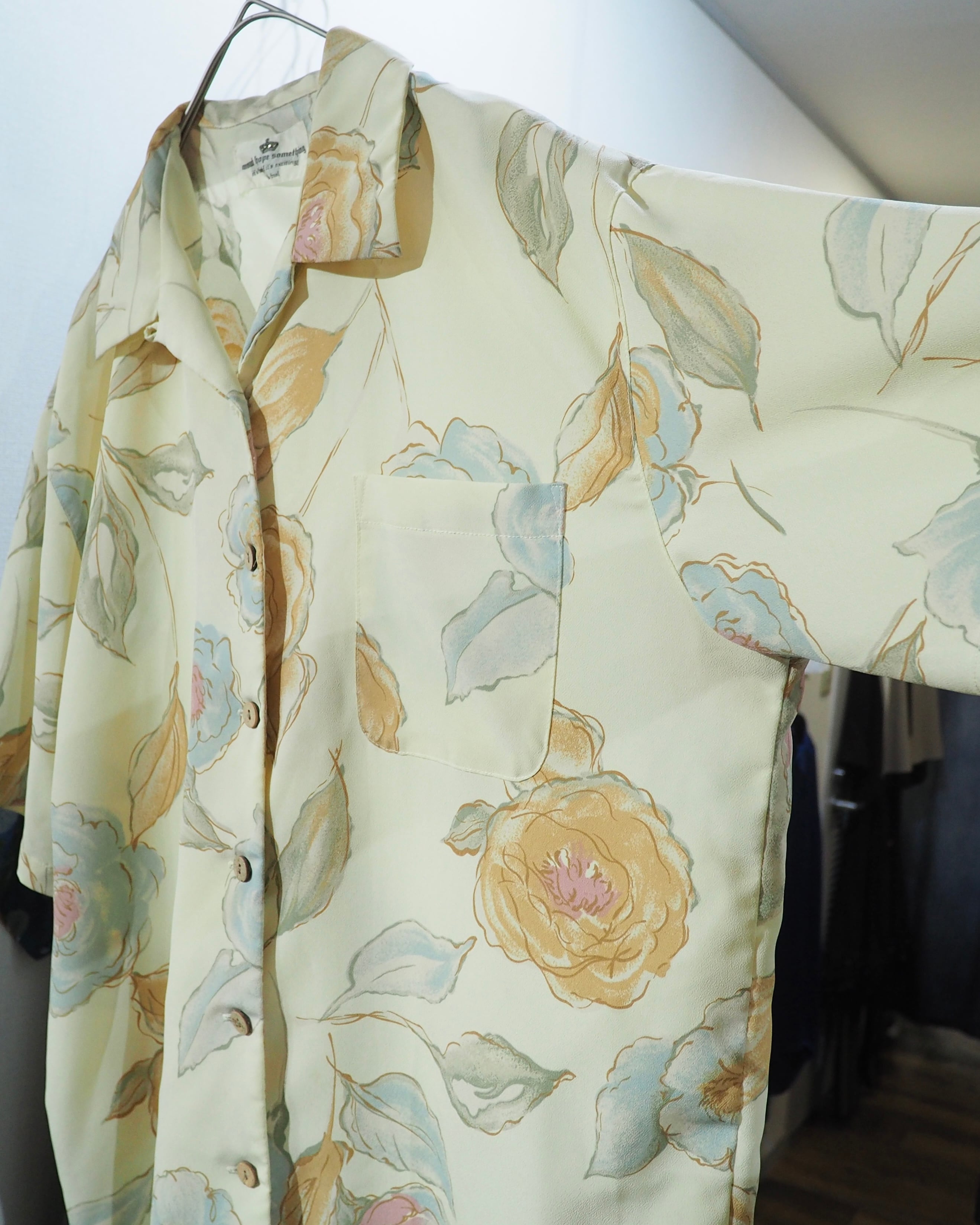 1980s Pale tone Flower printed vintage Open collar SS shirt