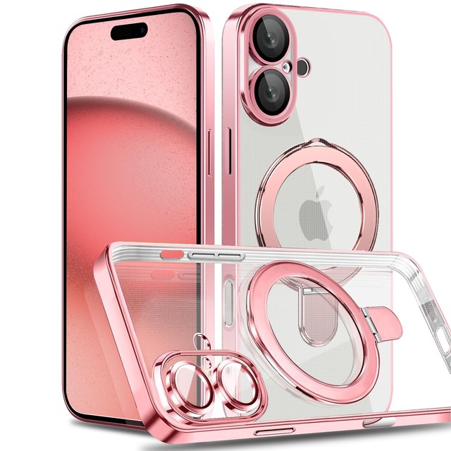 MuZiF iPhone 16 用 ケース MagSafe対応 リング付き クリア 透明 メッキ加工 カバー 車載ホルダー対応 多機能 レンズ保護 薄型軽量 耐衝撃構造 透明柔らかいTPU アイフォン16 用 磁気カバー クリアケース（iPhone 16用,ローズゴールド）