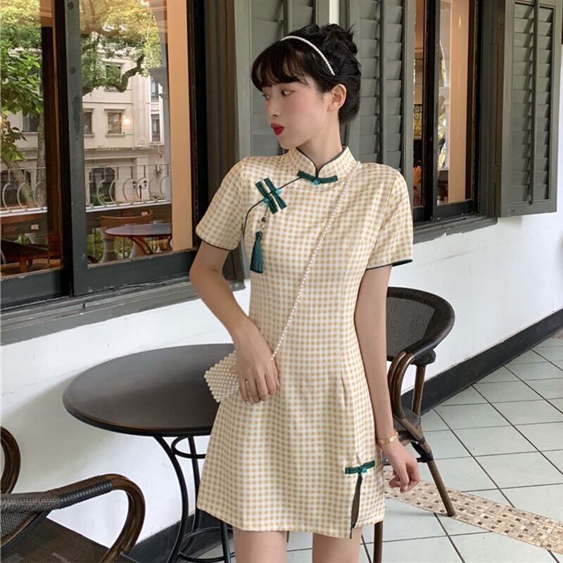 スカート サマースタンダードスタイル格子柄ドレス レトロ 夏物 萌量不足11670793932