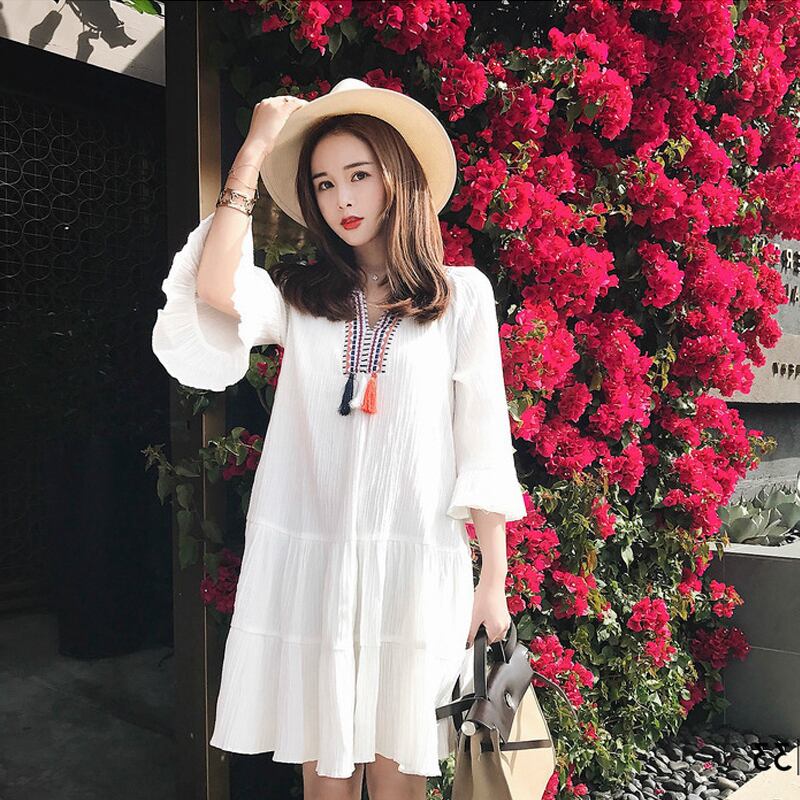 【新作】【送料無料】 マタニティ服刺繡ヴィンテージフレアスリーブルーズホワイトカラースタイリッシュなドレス妊婦妊娠中の服 刺繍 ビンテージ AL expec317723908899