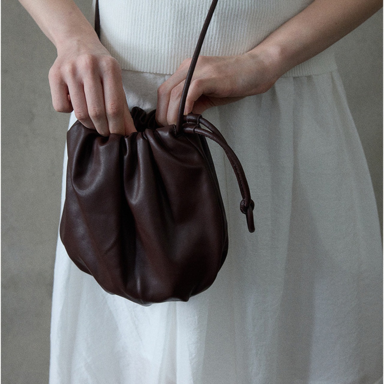 Drawstring Leather Mini Shoulder Bag  T6134