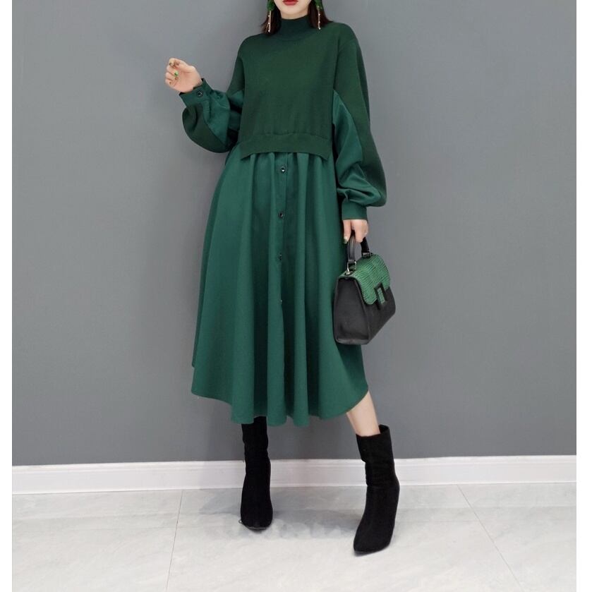 FAKE LAYERED DESIGN MIDI SHIRT DRESS 3colors M-3951 | Magniraff