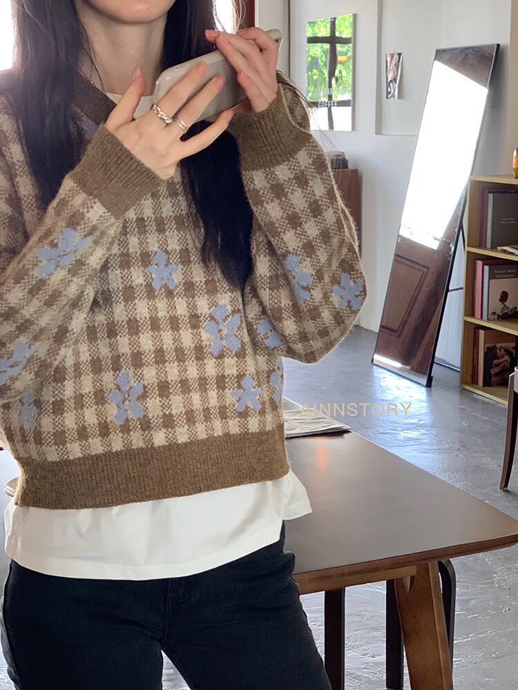 カラーセーター スプリングオータムルーズショートVネック長袖スリーブヴィンテージスタイル ロング レッド 春物 秋物 ビンテージ ビッグFスモールZ韓国87174830837