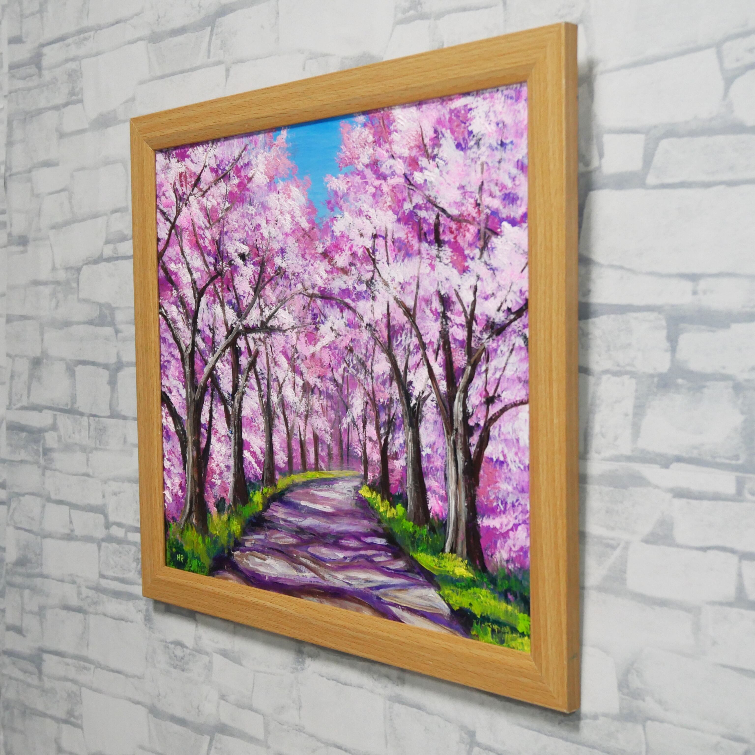 油絵 油彩 油彩画 絵画 絵【桃色の桜の道】 桜の小道：春の記憶｜油絵 桜 風景画 絵画 原画 春 癒やしのアート