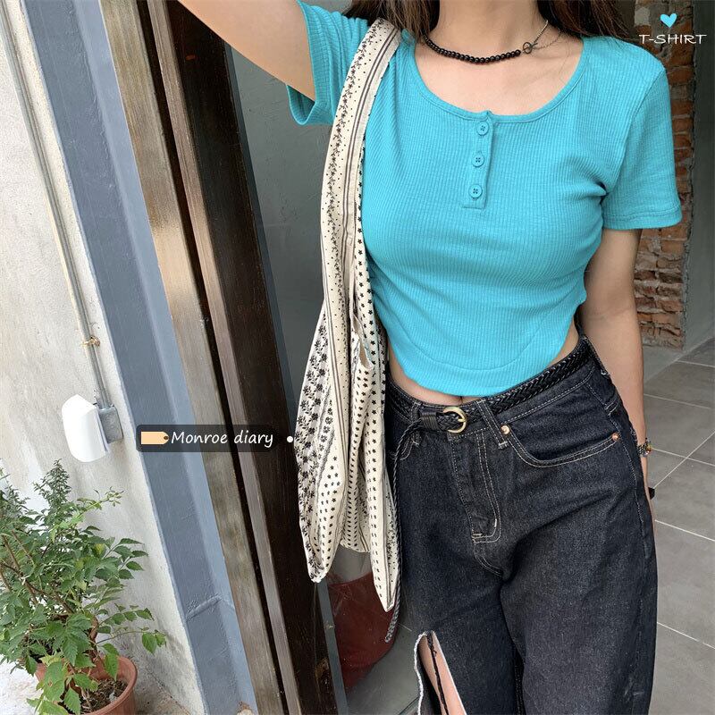 ショートスリムラウンドネックTシャツ サマーカジュアルトップス 夏物 Oネック モンロー48090015110