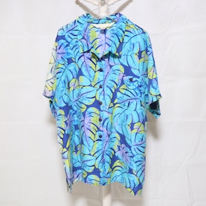 Leaf Pattern Silk Short Sleeve Shirt Light Blue