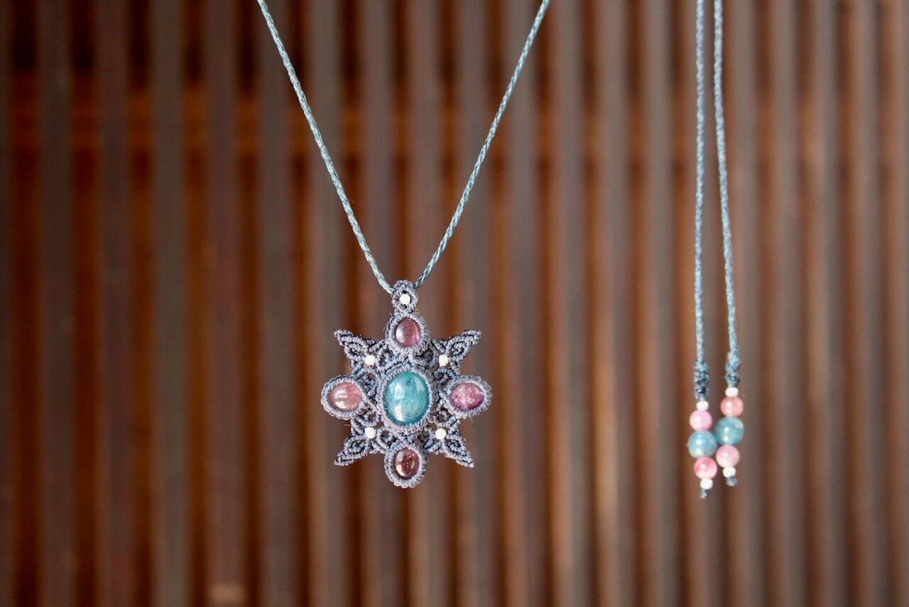 Blue Apatite & Pink Tourmaline micro macrame mandala pendant