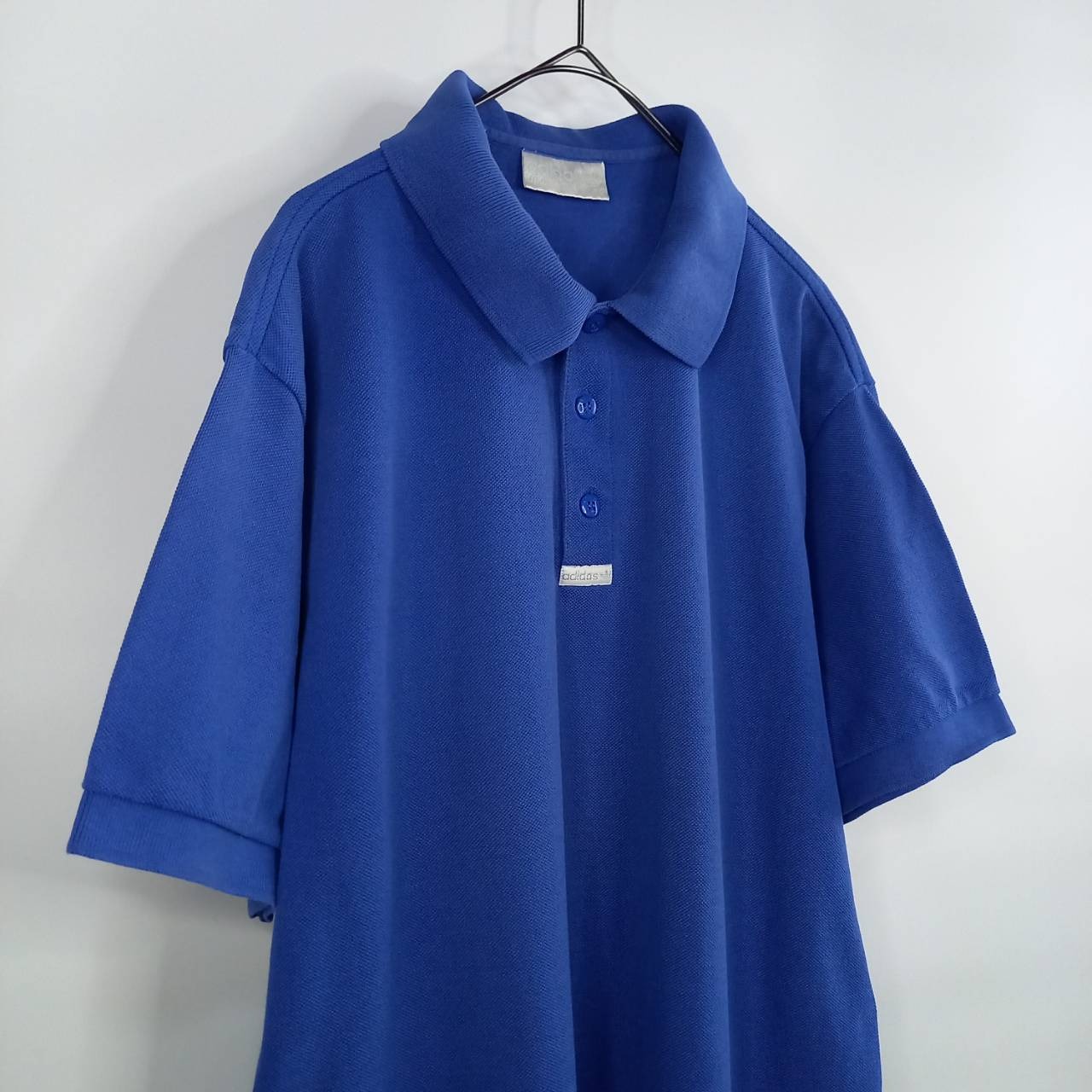 90s　アディダスオリジナルス　ポロシャツ　半袖　刺繍ロゴ　無地　ユーロ古着　ブルー　L