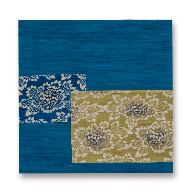 ビンテージファブリックパネル（染色プリント）正絹濱紬　ぼたん（ブルー）